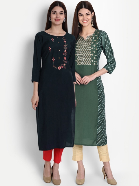 

arangya Women Navy Blue & Green Embroidered Thread Work Straight Kurta Pack Of 2