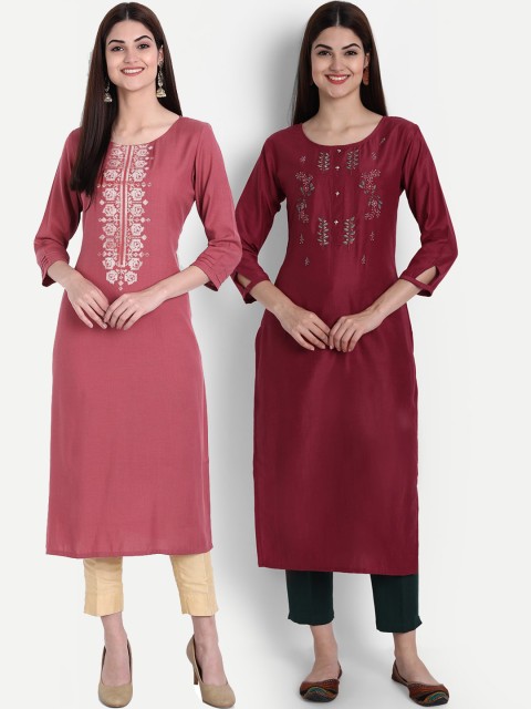

arangya Women Peach-Coloured & Maroon Embroidered Kurta