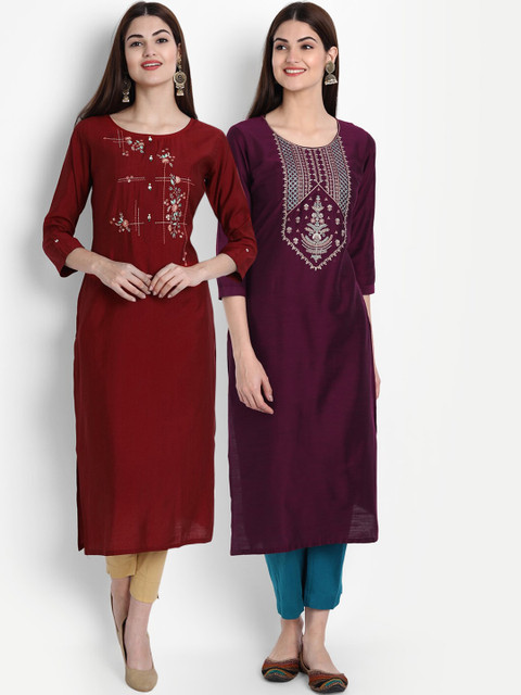 

arangya Women Set Of 2 Maroon & Purple Floral Embroidered Kurta