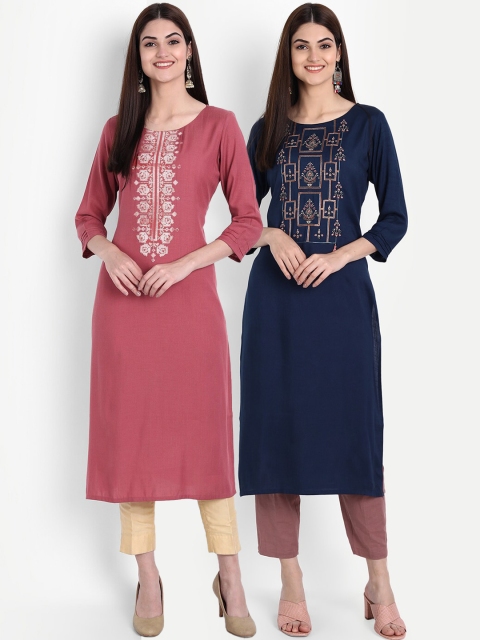 

arangya Women Peach & Navy Blue Embroidered Kurta