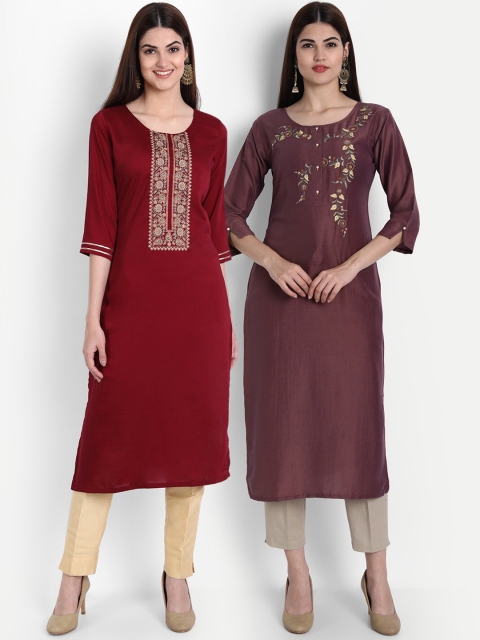 

arangya Women Pack of 2 Maroon & Brown Floral Embroidered Thread Work Kurta