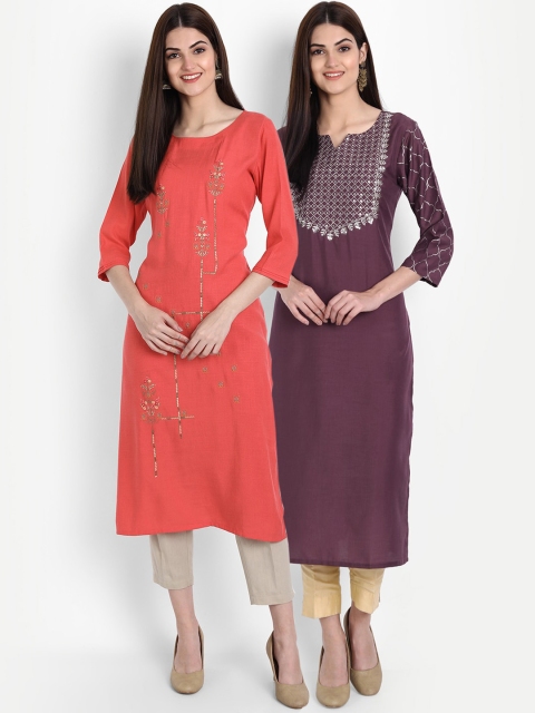 

arangya Women Peach-Coloured & Burgundy Embroidered Thread Work Straight Kurta Pack Of 2