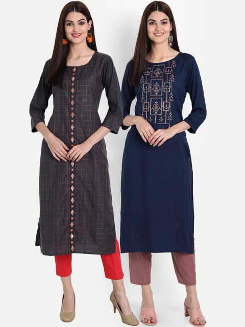 

arangya Women Pack of 2 Navy Blue & Grey Checked Thread Work Kurta