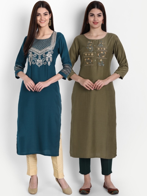 

arangya Women Pack Of 2 Teal & Olive Floral Thread Work Kurta