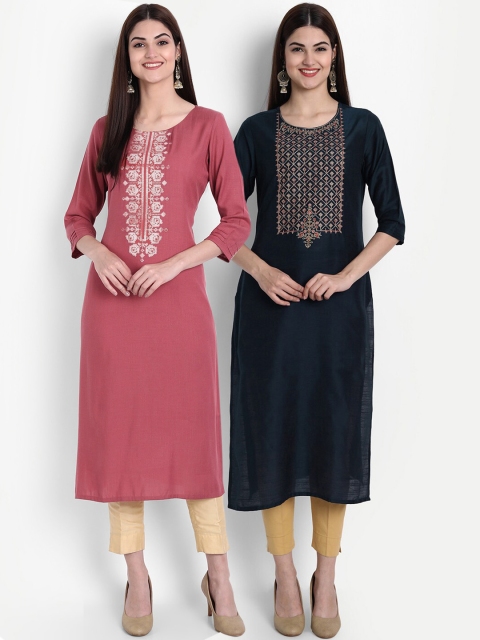 

arangya Women Pink & Black Set Of 2 Floral Embroidered Thread Work Kurta