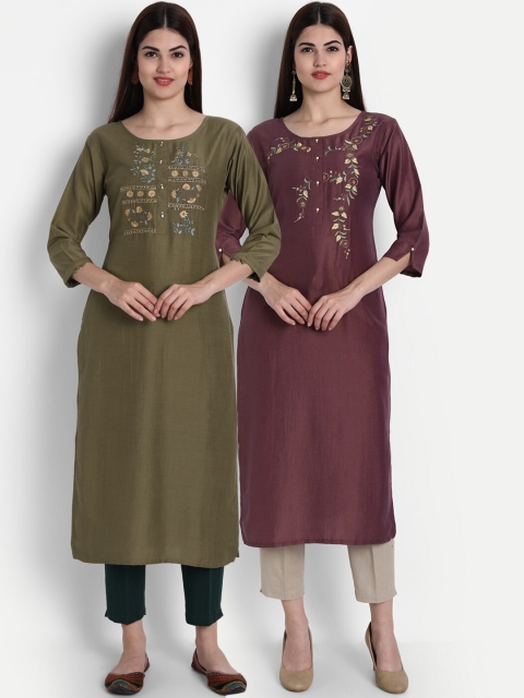 

arangya Women Olive Green & Mauve Embroidered Thread Work Straight Kurta Pack Of 2