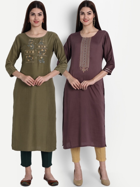 arangya Women Pack of 2 Olive Green & Burgundy Floral Embroidered Kurtas