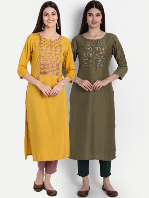 

arangya Women Set Of 2 Yellow & Olive Green Floral Yoke Design Kurta