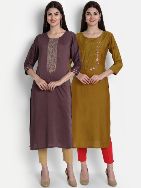 

arangya Women Pack of 2 Mustard Yellow & Mauve Embroidered Kurta