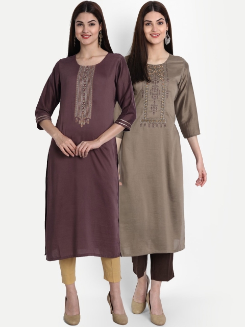 

arangya Women Pack of 2 Purple & Grey Floral Embroidered Kurta