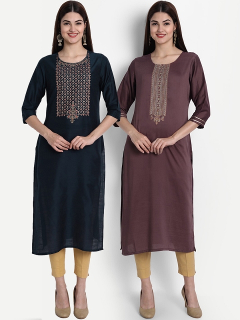 

arangya Women Pack of 2 Navy Blue & Mauve Ethnic Motifs Embroidered Kurtas
