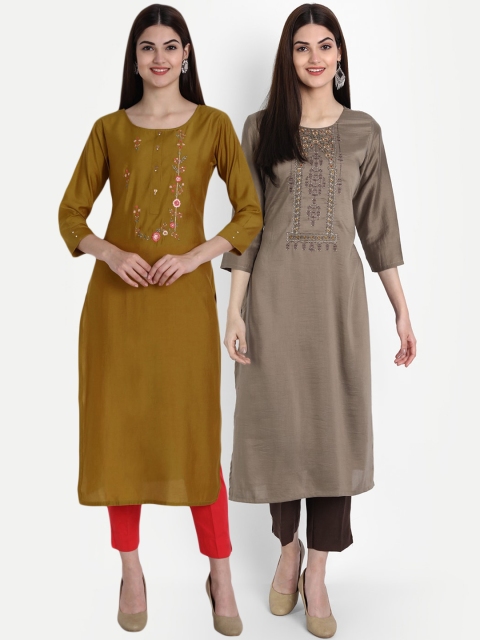 

arangya Women Mustard Yellow & Brown Embroidered Thread Work Straight Kurta Pack Of 2