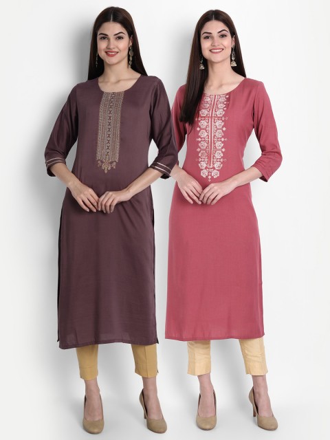 

arangya Women Bronze-Toned & Peach Embroidered Kurta