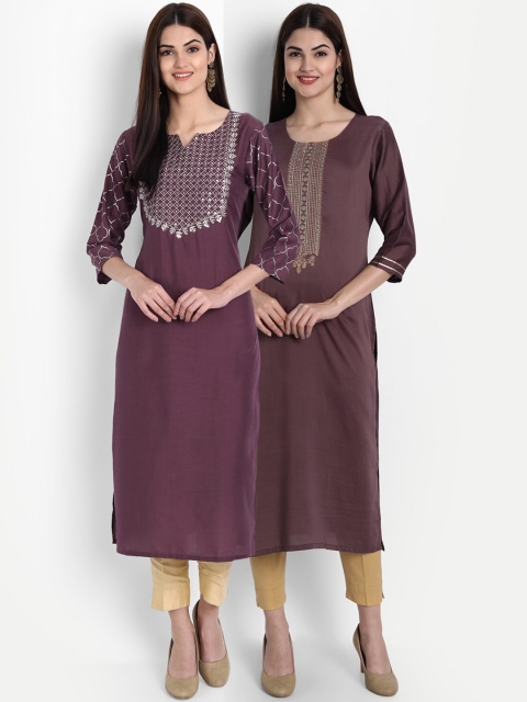 

arangya Women Pack of 2 Burgundy & Brown Floral Embroidered Kurtas