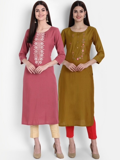 

arangya Women Pink & Olive Green Embroidered Thread Work Straight Kurta Pack Of 2