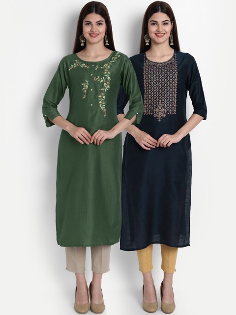 

arangya Women Olive Green & Navy Blue Embroidered Kurta