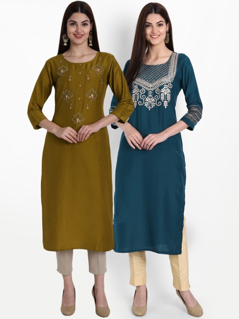 

arangya Women Olive Green & Turquoise Blue Embroidered Kurta