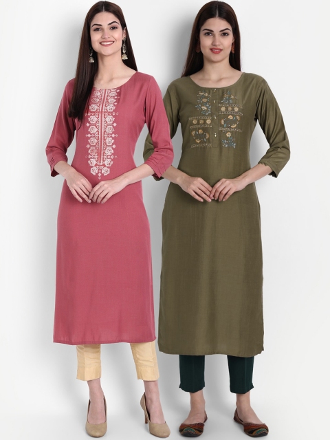 

arangya Women Pack of 2 Mauve & Green Floral Embroidered Kurtas
