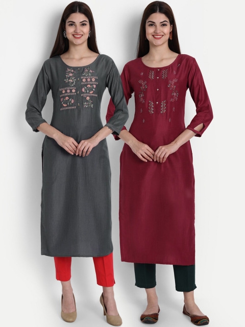 

arangya Women Pack Of 2 Grey & Red Floral Thread Work Kurta
