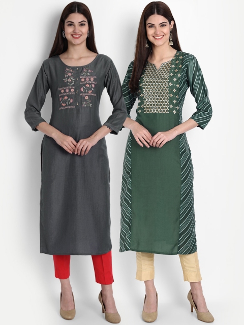 

arangya Women Pack of 2 Grey & Green Embroidered Kurtas
