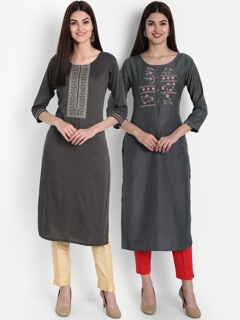 

arangya Women Pack of 2 Grey Floral Embroidered Kurtas