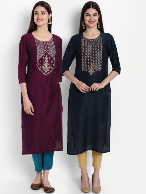 

arangya Women Burgundy & Black Embroidered Thread Work Straight Kurta Pack Of 2