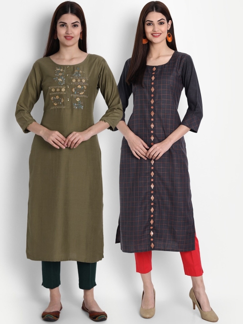 

arangya Women Pack of 2 Green & Blue Floral Embroidered Thread Work Kurta