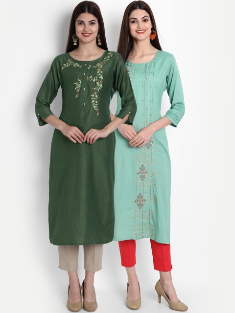 

arangya Women Green & Blue Embroidered Kurta