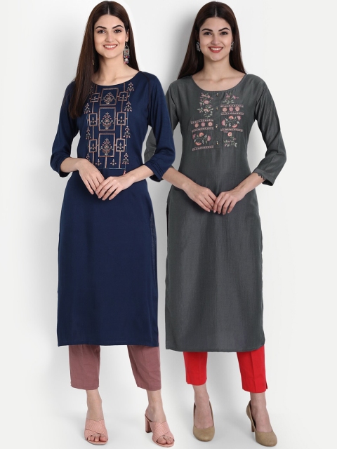 

arangya Women Pack of 2 Navy Blue & Grey Floral Embroidered Kurtas