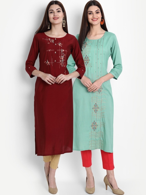 

arangya Women Pack of 2 Maroon & Sea Green Floral Embroidered Thread Work Kurta
