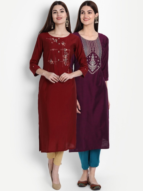 

arangya Women Set Of 2 Maroon & Purple Floral Embroidered Kurta