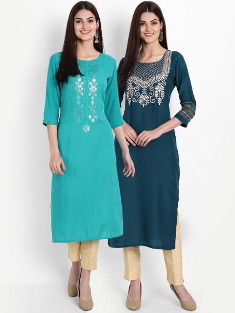 

arangya Women Pack of 2 Teal & Blue Ethnic Motifs Embroidered Kurta