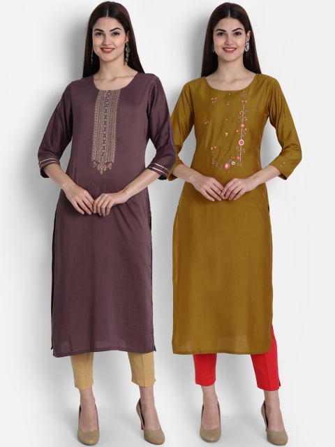 

arangya Women Pack of 2 Mauve & Mustard Yellow Embroidered Thread Work Kurtas