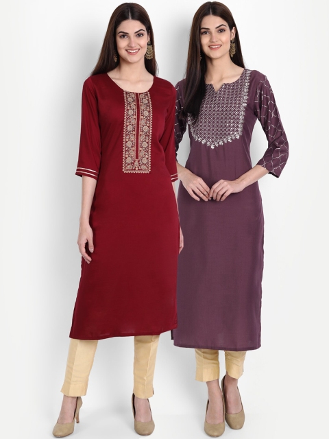 

arangya Women Red & Mauve Embroidered Thread Work Straight Kurta Pack Of 2