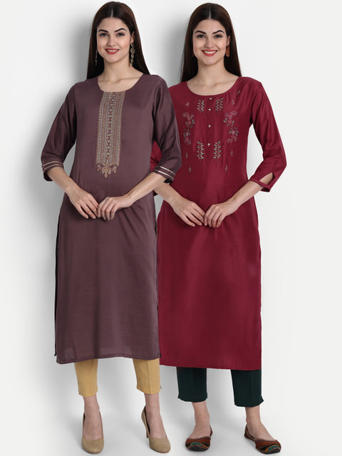 

arangya Women Red & Brown Set Of 2 Floral Embroidered Thread Work Kurta