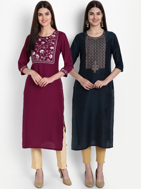 

arangya Women Maroon & Navy Blue Embroidered Kurta