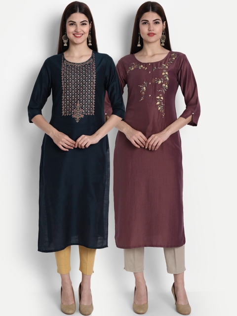 

arangya Women Pack Of 2 Black & Brown Ethnic Motifs Embroidered Kurta