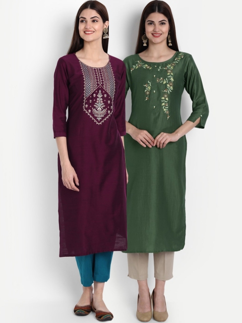 

arangya Women Burgundy & Olive Green Embroidered Thread Work Straight Kurta Pack Of 2