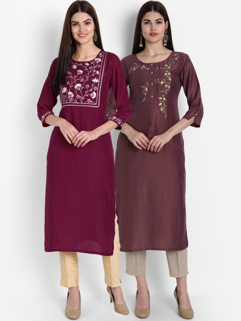 

arangya Women Set Of 2 Maroon & Purple Floral Embroidered Kurta