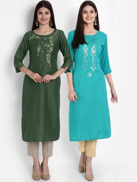

arangya Women Pack of 2 Olive Green & Blue Floral Embroidered Thread Work Kurtas