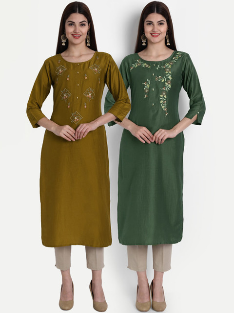 

arangya Women Mustard Yellow & Olive Embroidered Thread Work Straight Kurta Pack Of 2