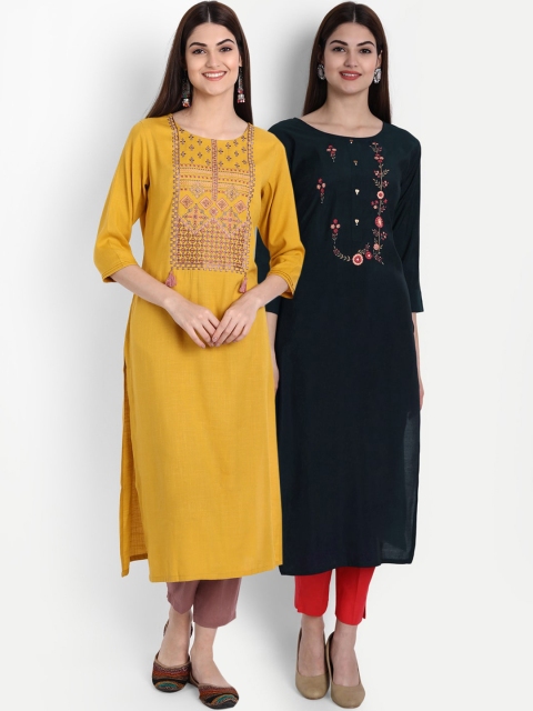 

arangya Women Pack of 2 Yellow & Green Floral Embroidered Thread Work Kurta