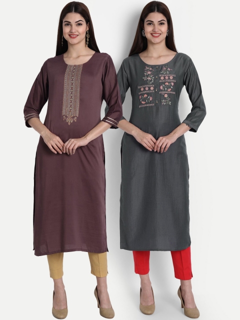 

arangya Women Brown & Grey Set Of 2 Floral Yoke Design Thread Work Kurta