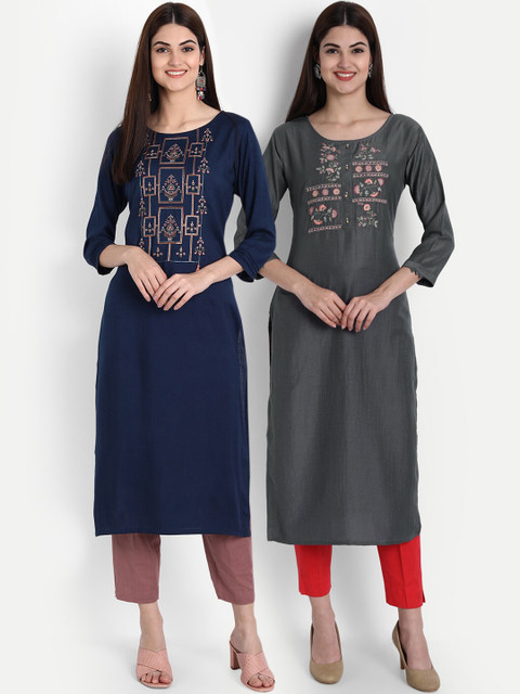 

arangya Women Set Of 2 Navy Blue & Grey Floral Embroidered Kurta