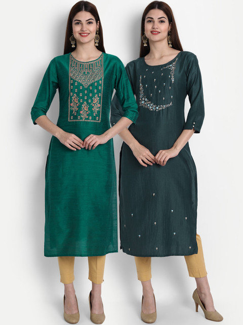 

arangya Women Pack of 2 Green Floral Embroidered Thread Work Kurta