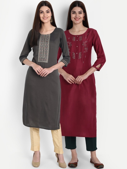 

arangya Women Pack Of 2 Grey & Red Ethnic Motifs Embroidered Kurta