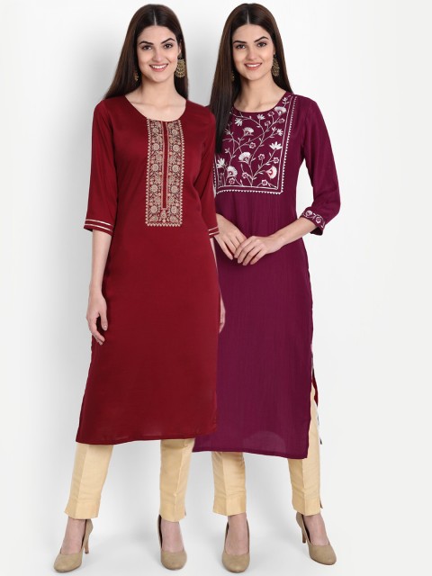 

arangya Women Red & Burgundy Embroidered Thread Work Straight Kurta Pack Of 2