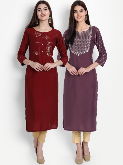 

arangya Women Pack of 2 Maroon & Purple Floral Embroidered Thread Work Kurta