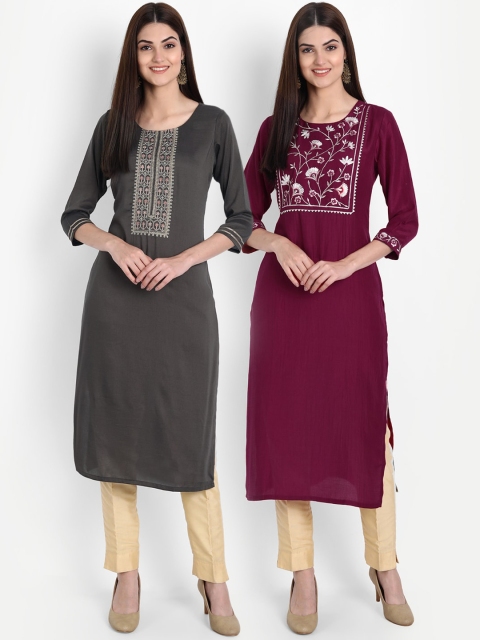 

arangya Women Pack Of 2 Maroon & Grey Floral Embroidered Kurta