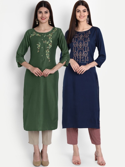 

arangya Women Pack of 2 Navy Blue & Green Thread Work Kurtas